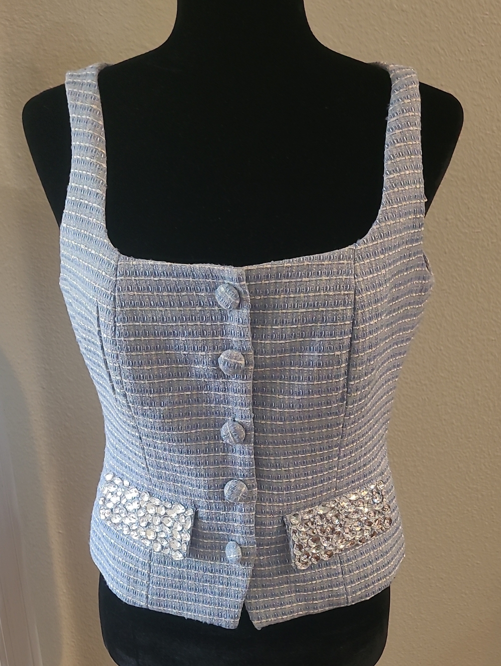 Aqua Light Blue Textured Button Front Camisole with Jeweled Pockets Size M